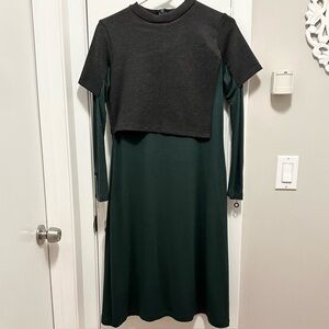 Ermanna Asymmetrical Sweater Overlay Long Sleeve Midi Dress Sz M Gray & Green